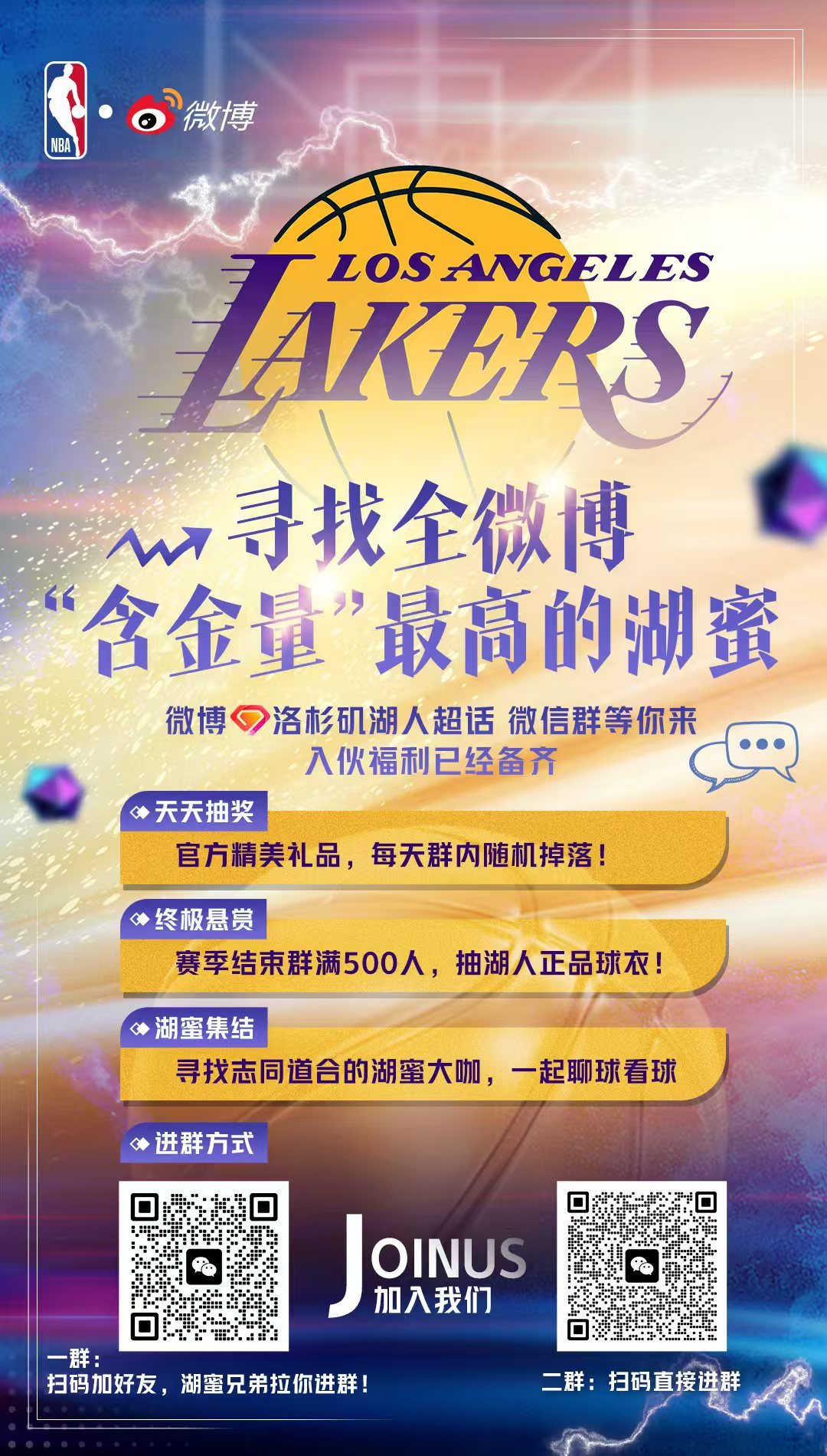 微博湖人球迷社区官方群，在每一个比赛日前都有对应的抽奖活动，进群方式如图所示。今