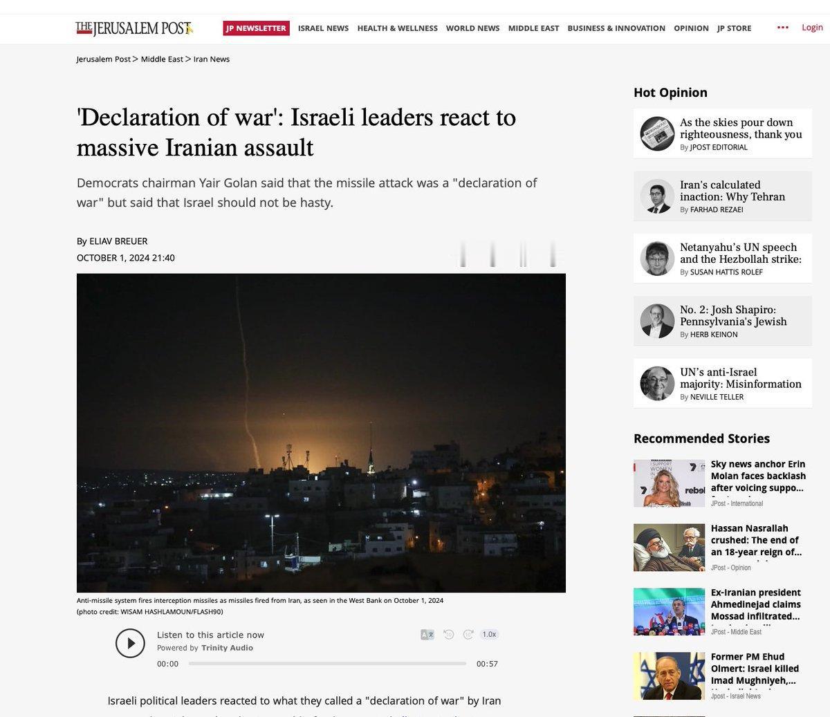 以色列领导人回应伊朗的大规模袭击，称其为“宣战”。民主党主席雅伊尔·戈兰表示，这