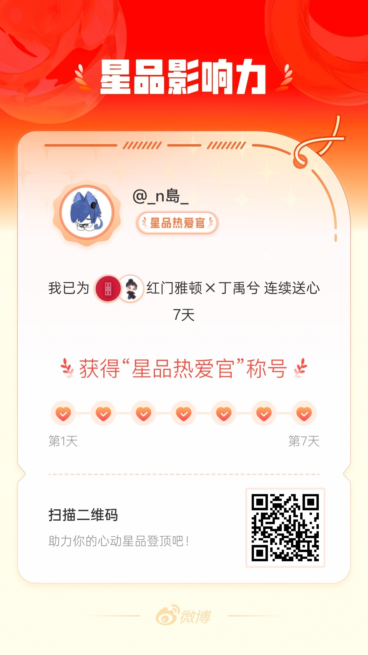 我在星品影响力上为 X 连续送心7天，获得“星品热爱官”称号！快来一起pick你