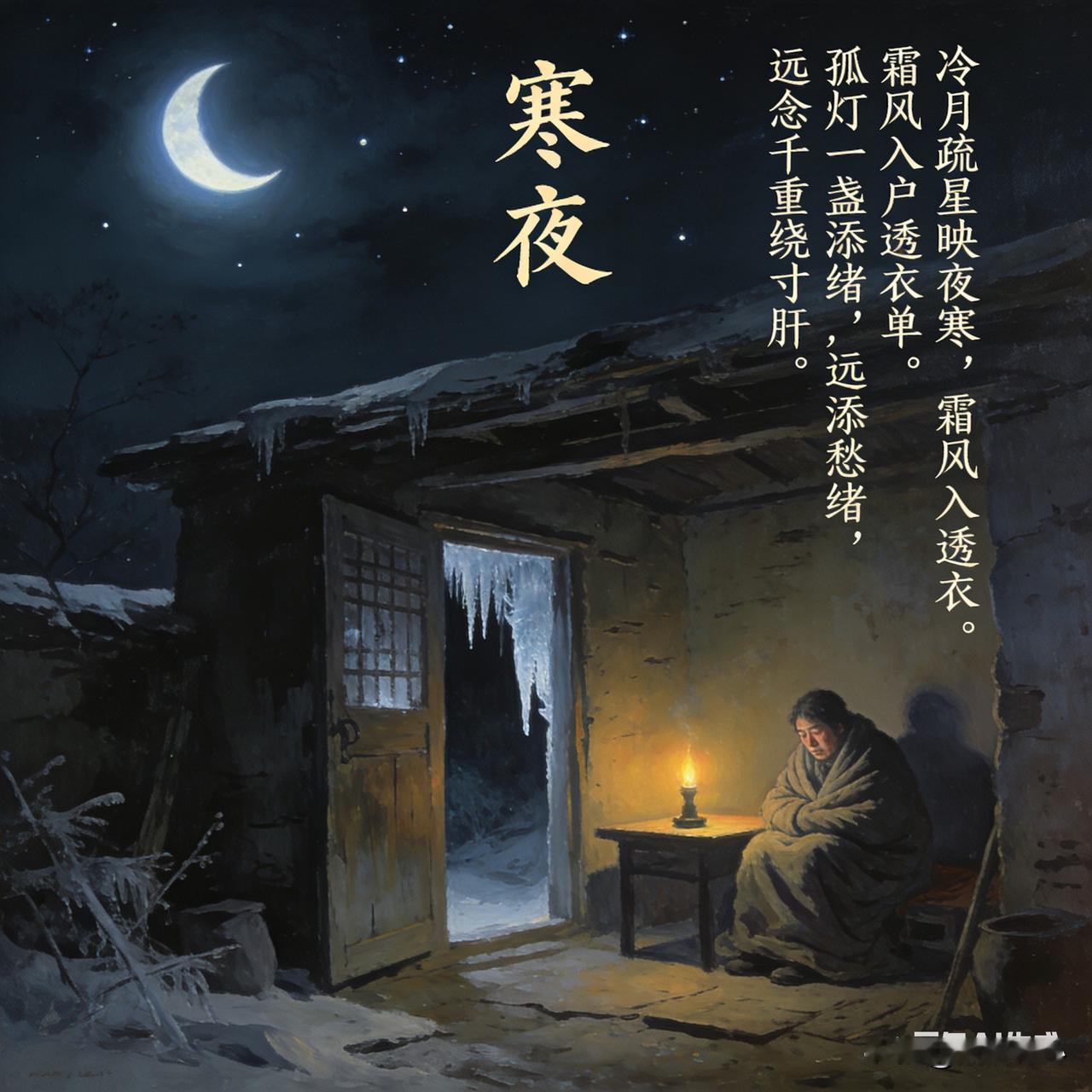 《寒夜》乐韵诗心原创诗词:
冷月疏星映夜寒，
霜风入户透衣单。
孤灯一盏添愁绪，