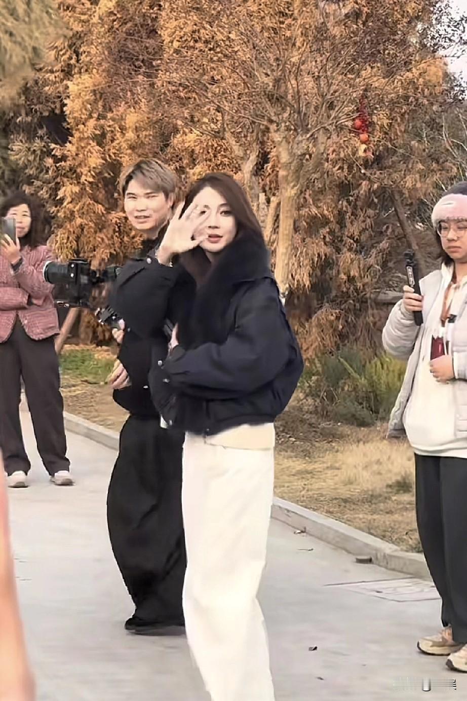 在秋日暖黄的树影下，杨颖带着笑意挥手，仿佛把阳光都揉进了这瞬间。