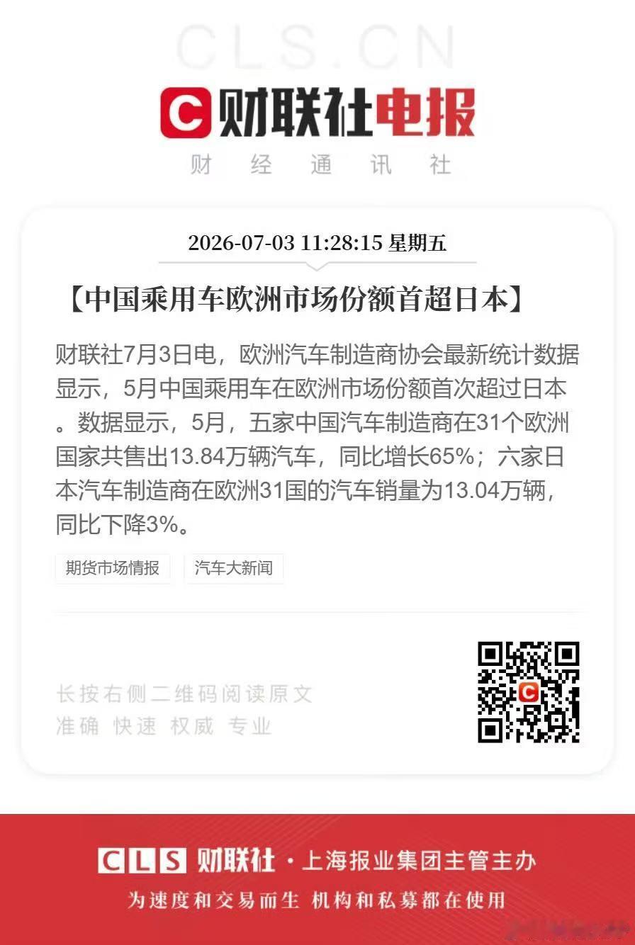 中国汽车在欧洲首超日本中国车企在欧洲销量首度超越日系车，海外市场竞争力稳步攀升。