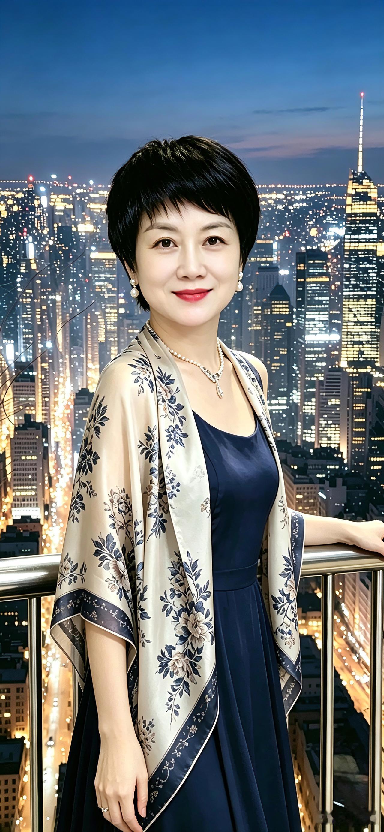 一城灯火，优雅从容
 
高楼灯火映黄昏🌆
短发清爽气质温
丝巾雅致添风韵
浅笑