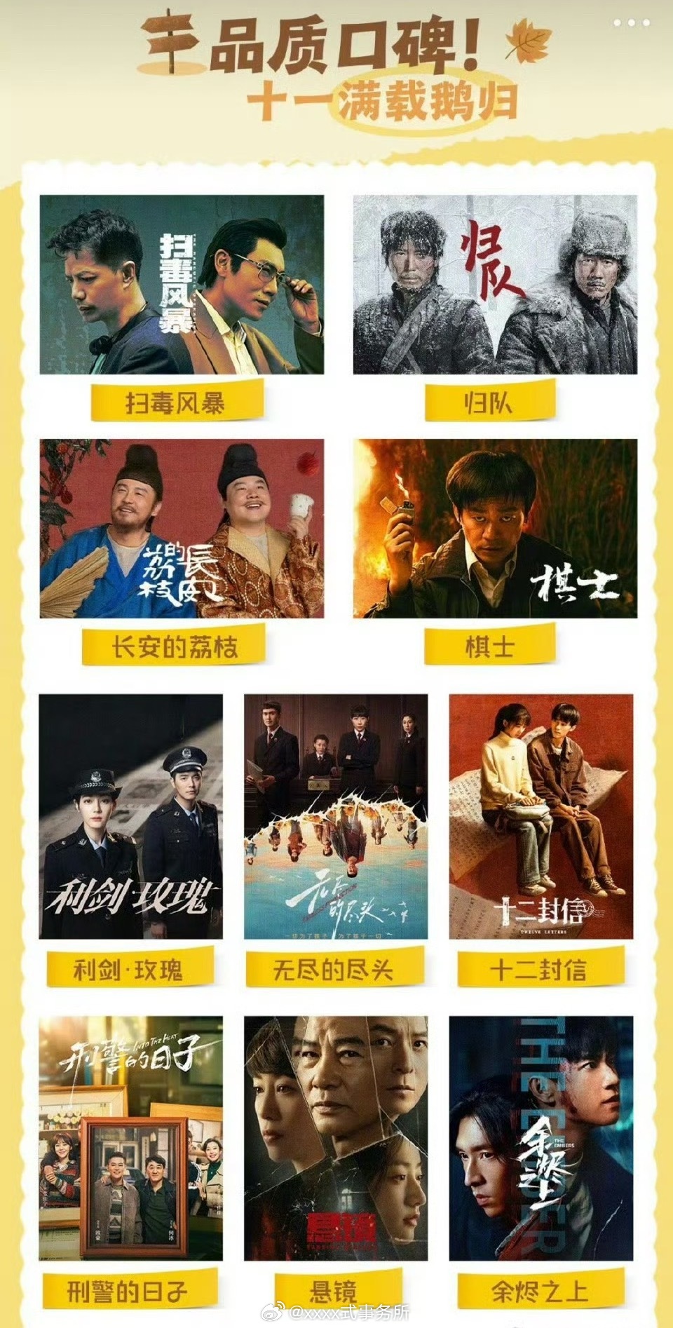 🐧评的自家已播剧集品质口碑利剑玫瑰  十二封信 余烬之上 归队 棋士等 ​​​