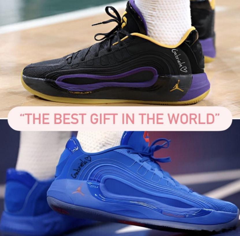 东契奇有一个习惯是在自己的球鞋上写上女儿Gabriela的名字，并在后面画上一个