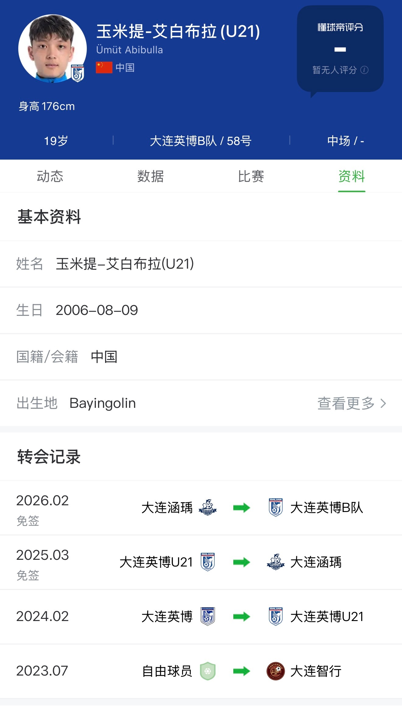 大连英博中超联赛大连英博b队 玉米提·艾白布拉离队 大连