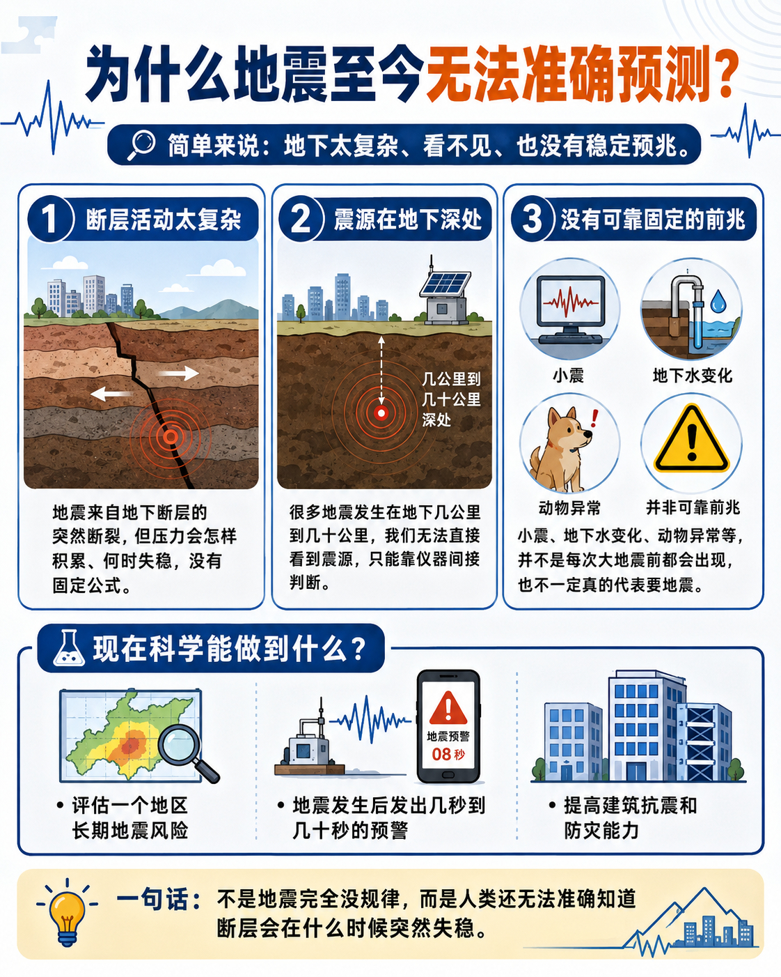 地震快讯地震为啥没法被精准预测？ 简单说主要有三点地下断层太复杂：压力每天都在积