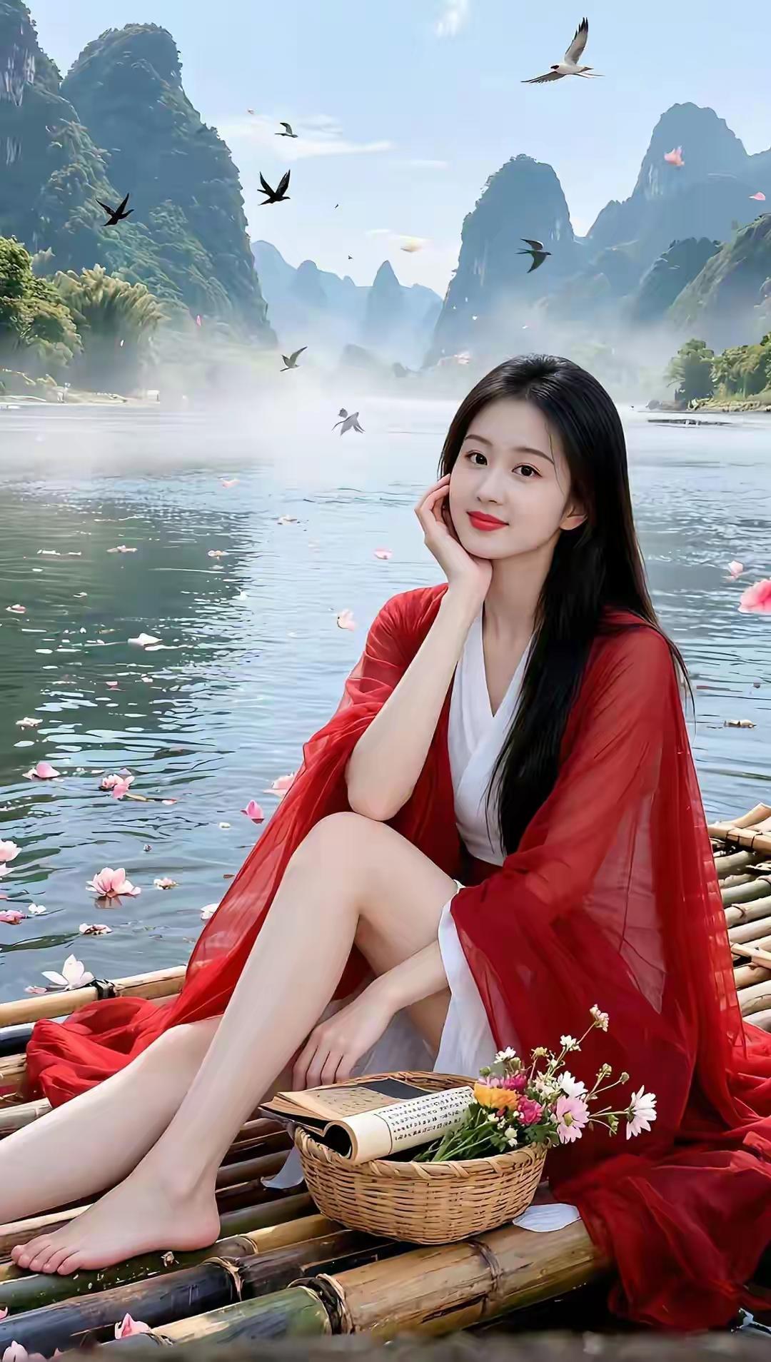 仙气飘飘的竹筏上，少女与自然融为一体，感受世外桃源的宁静与美好。