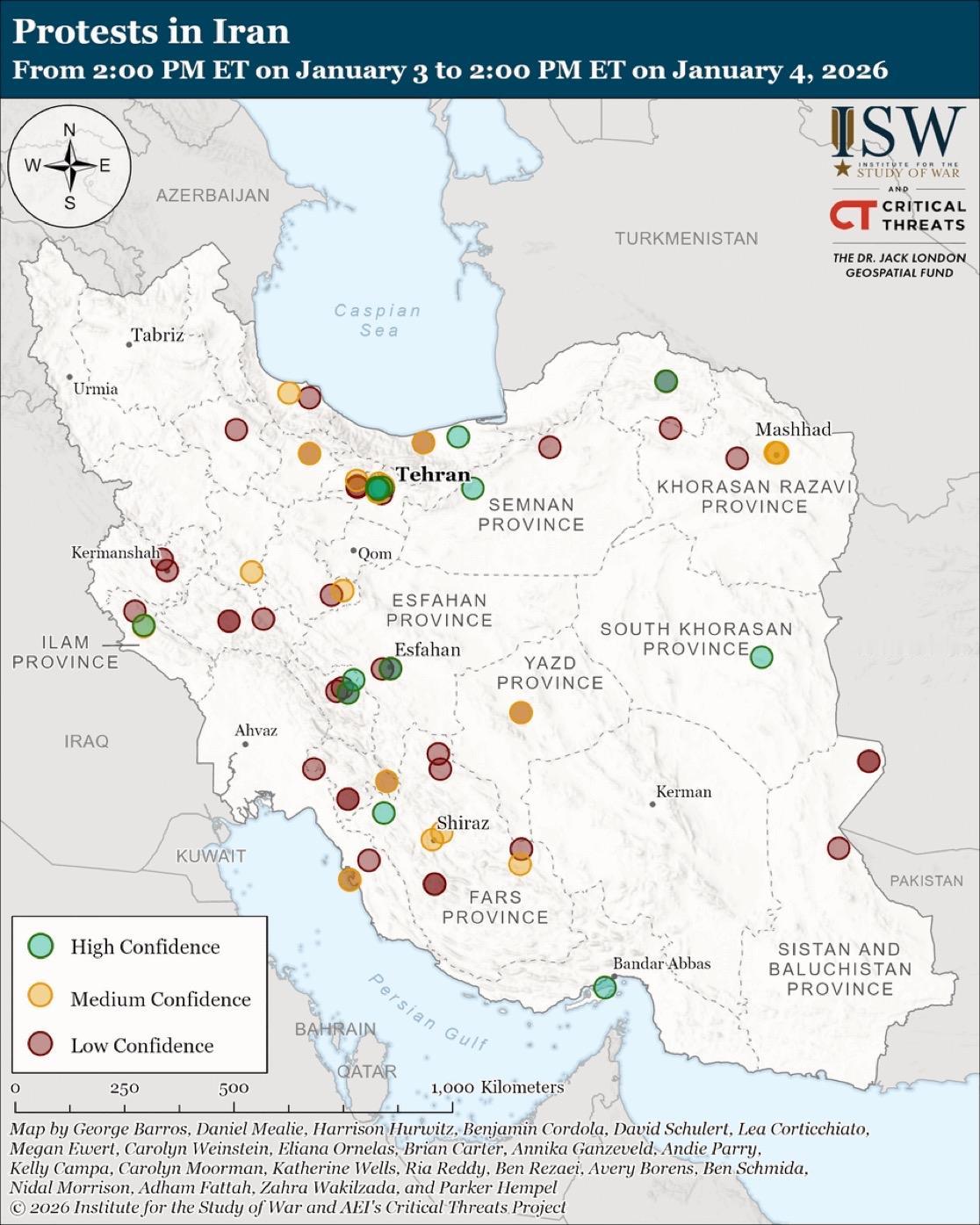 最新消息：CTP-ISW记录到1月4日伊朗23个省份共发生81起抗议活动。CTP