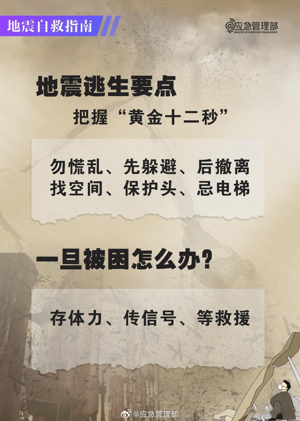 濮阳地震地震来袭保持冷静，屋内迅速躲在坚固桌下、承重墙根，远离窗户、吊灯与橱柜，