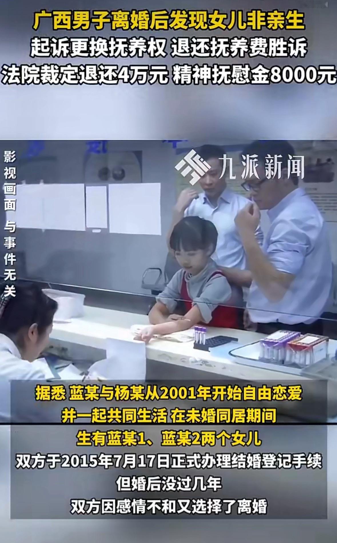 离婚发现女儿非亲生判还抚养费养了别人孩子十几年，获赔抚养费40000元+精神损失