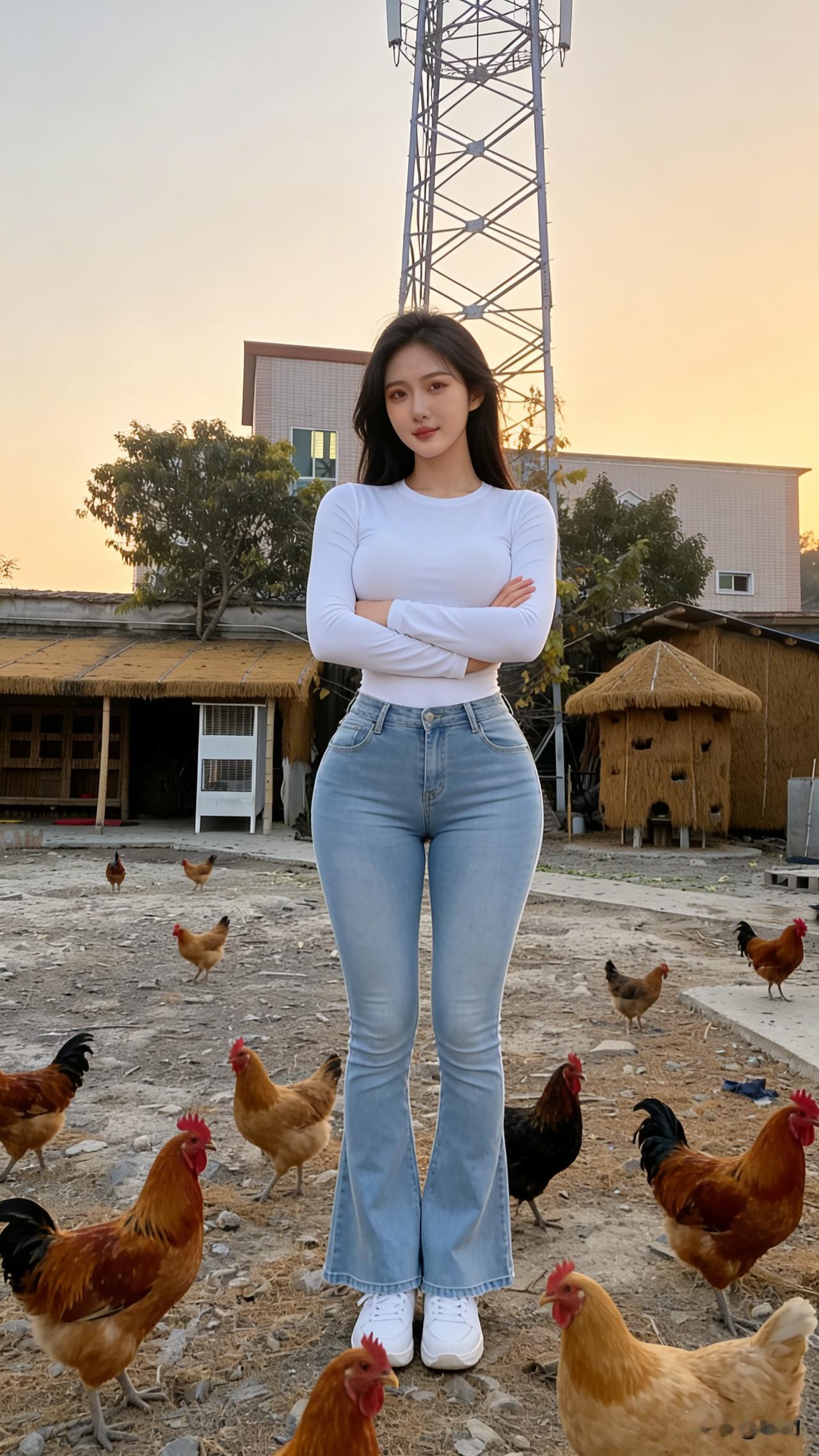 站在鸡群中的时尚女孩。
