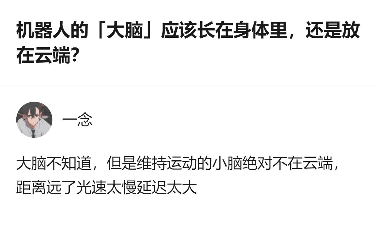 机器人的运动小脑绝对不能放云端，光速延迟那点时间，足够让它摔个跟头了。
