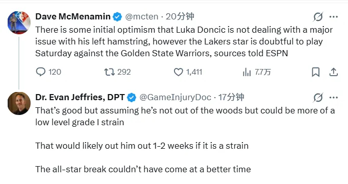 湖人队记McMenamin报道，消息人士向ESPN透露，初步利好消息显示，卢卡-