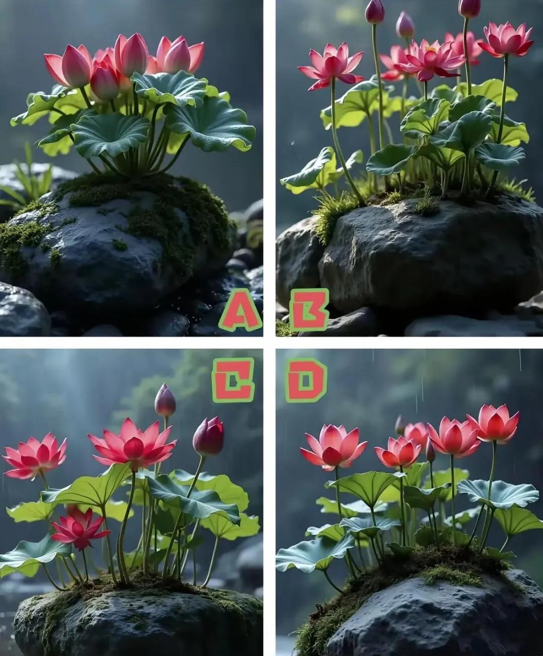 测测看你依靠什么走向人生巅峰？？
下面四幅图的莲花，
你会选择哪一幅图的呢？
据