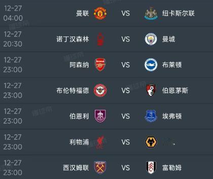 北京时间12月27日，明天的英超迎来第18轮的较量，有7场比赛，赛程如下：

第