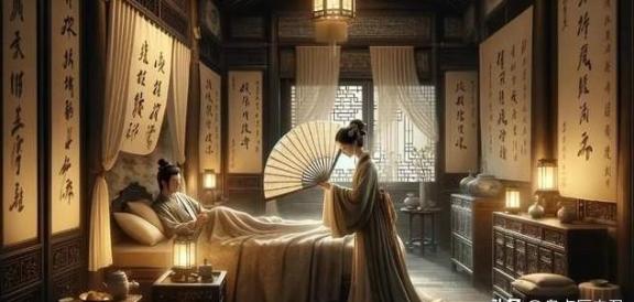 晚上古代的夫妇进入梦乡，而丫鬟则默默地守在一旁。这个画面放到我们现在这个高度重视