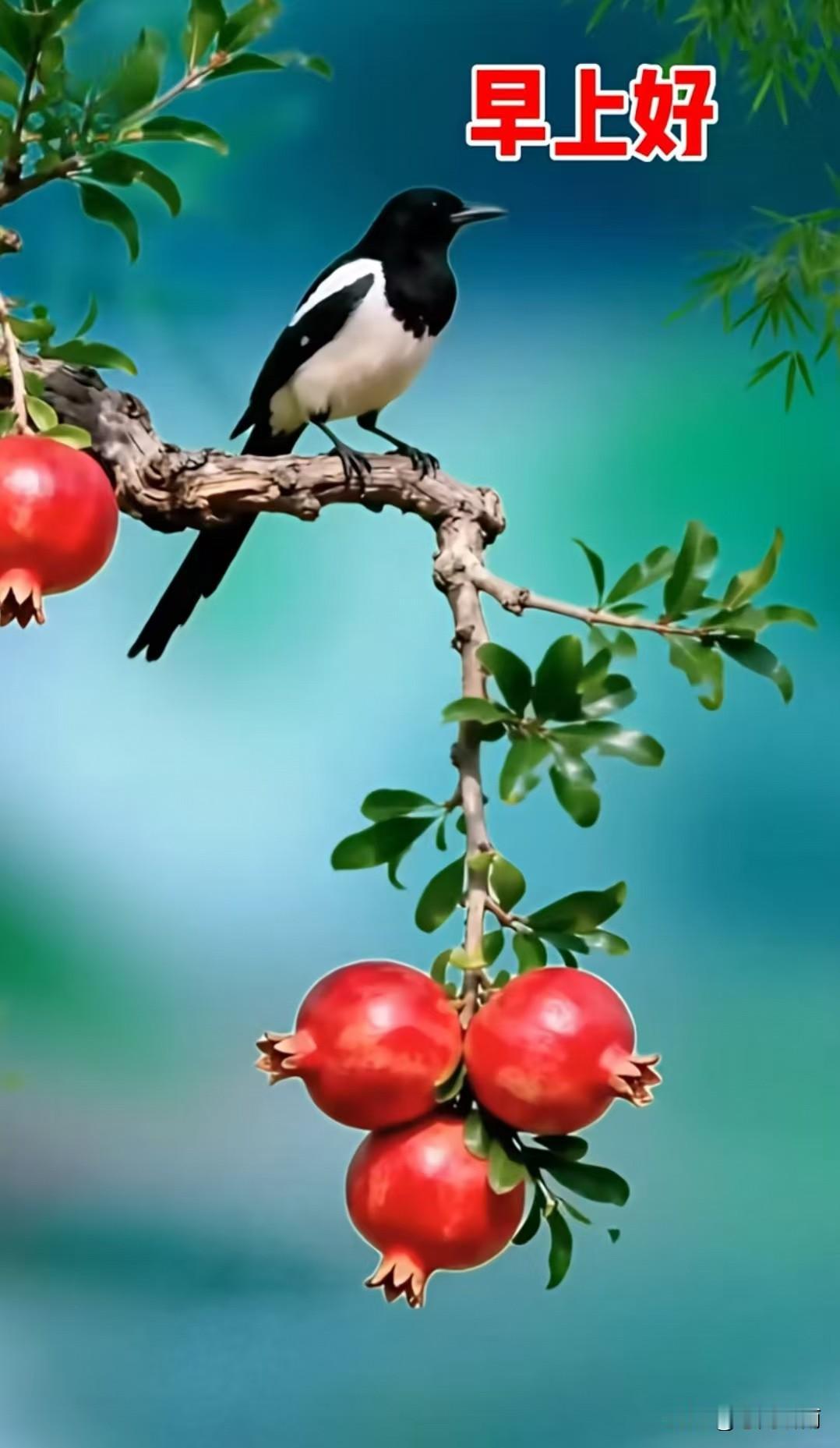 清晨，喜鹊立于石榴枝，黑白羽翅在微光里灵动。红石榴似盏盏小灯笼，缀满枝桠，裹着满