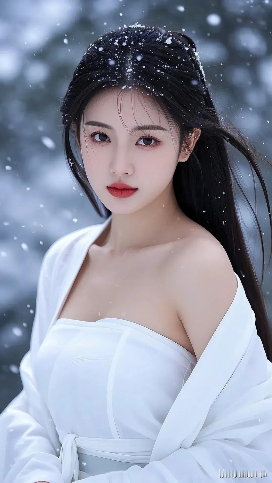 雪花纷纷扬扬，冬日仙境中走来一位绝美少女。
她身姿婀娜，在雪中翩翩起舞，如梦似幻