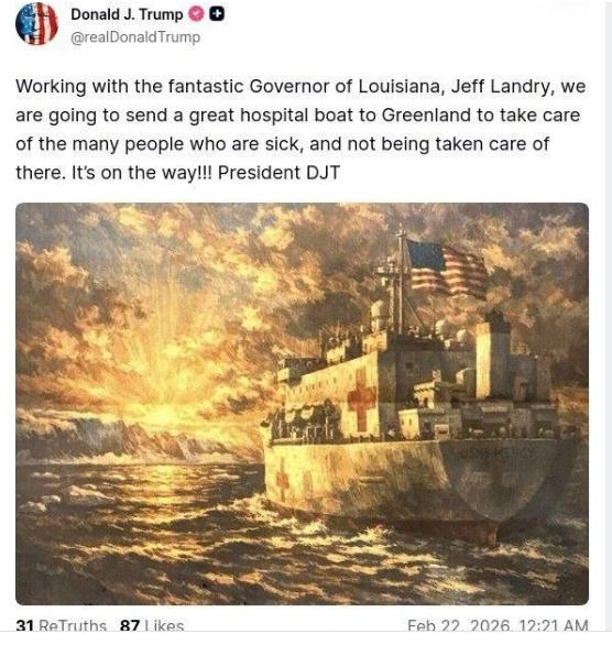 特朗普发称，他正派遣一艘医疗船去格陵兰岛，“照顾许多生病的人”。对于这位希望获得