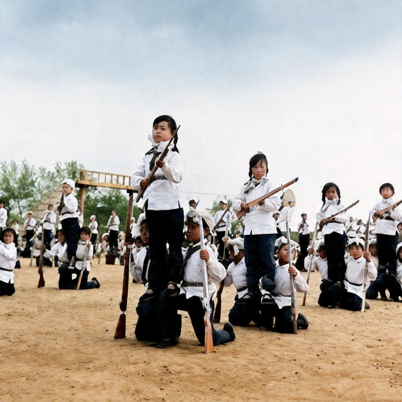 这是1965年黑龙江省阿城县阿什河小学的小民兵在训练杀敌本领。 这些小学生虽然年
