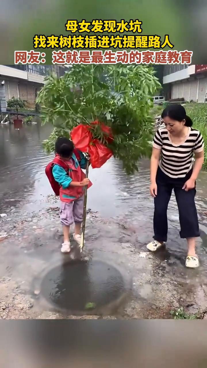 母女发现水坑，找来树技插进坑提醒路人。网友：这就是最生动的家庭教育。
来源：新华
