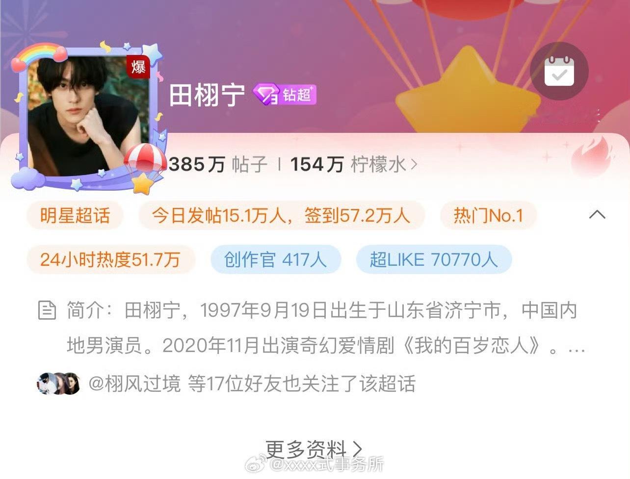 田栩宁超话超like破7万了 ​​​