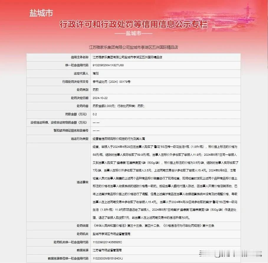  盐城雅家乐超市乱标价乱收费被处罚！

盐城雅家乐超市被罚款2000元，具体原因