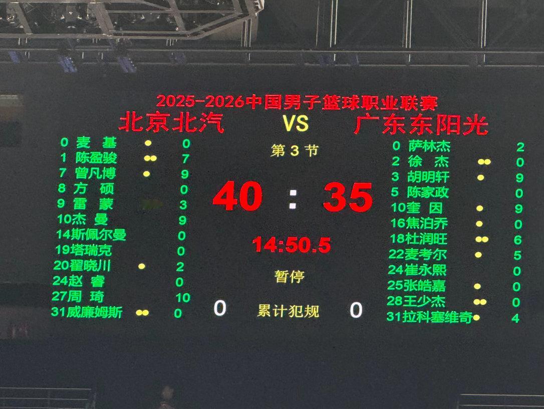 北京首钢北京男篮vs广东男篮 京粤大战 北京第二节打了一波18-0，从落后10分