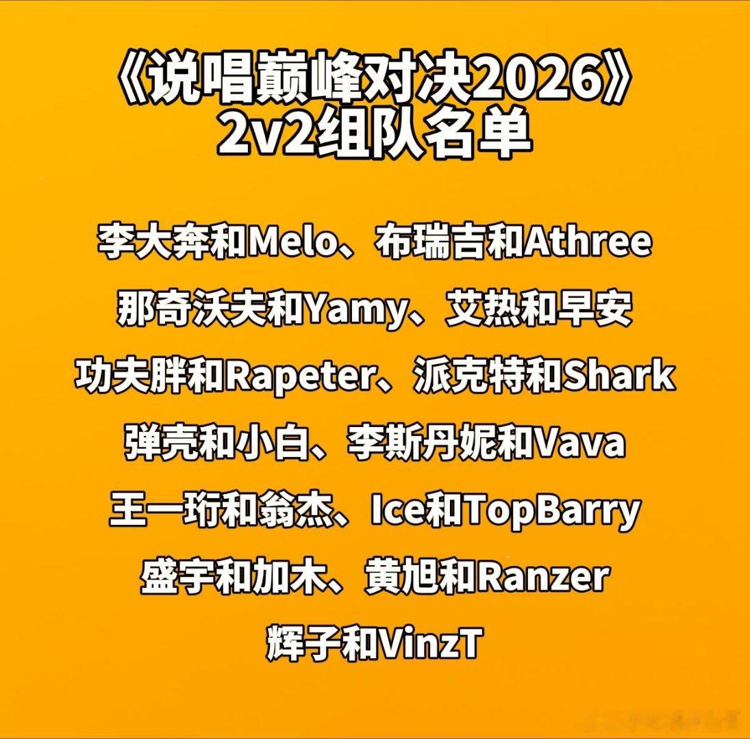 《说唱巅峰对决》2v2组队名单！你觉得哪组最强？说唱巅峰对决2026