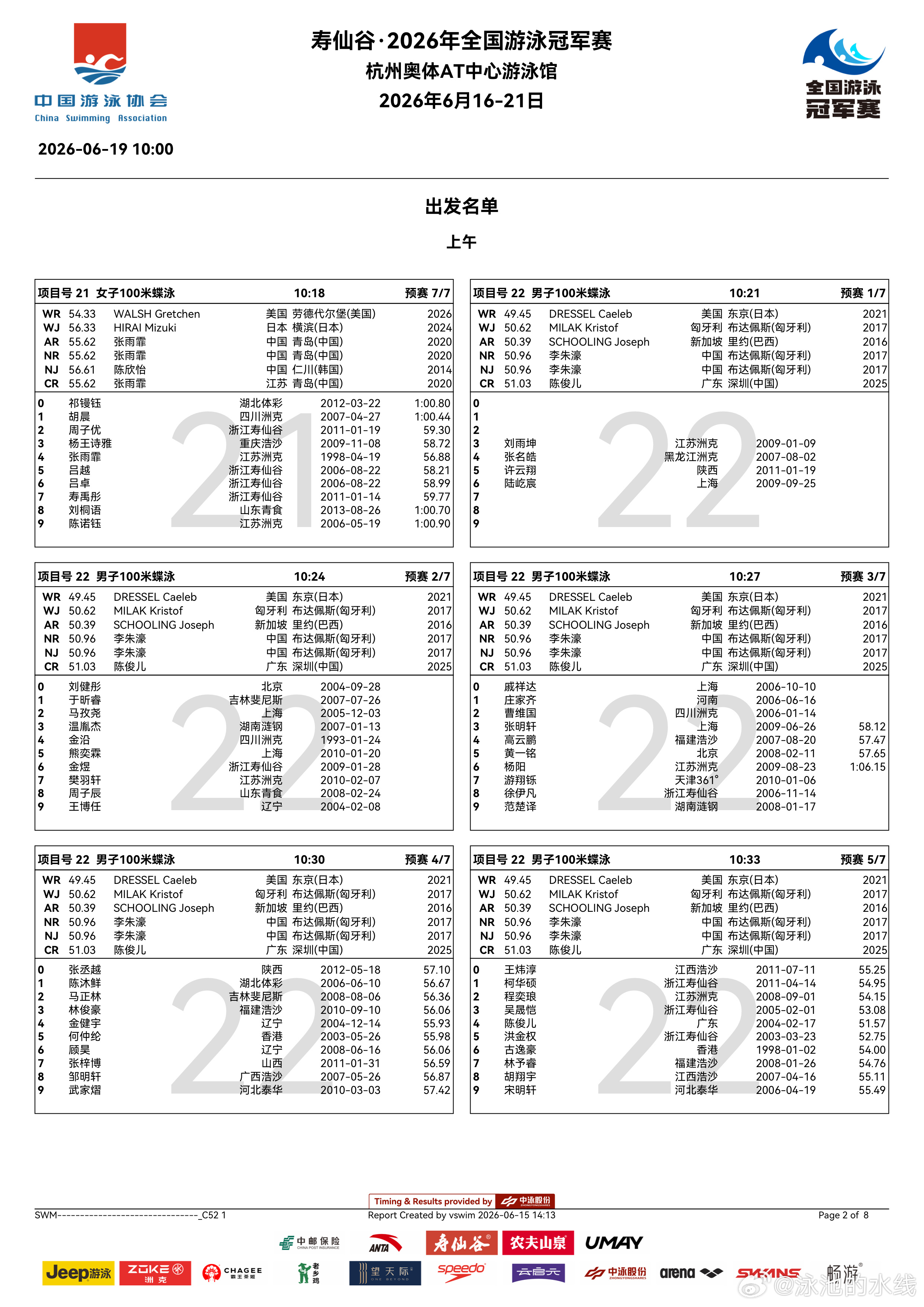 2026年全国游泳冠军赛 明天上午预赛秩序单来啦