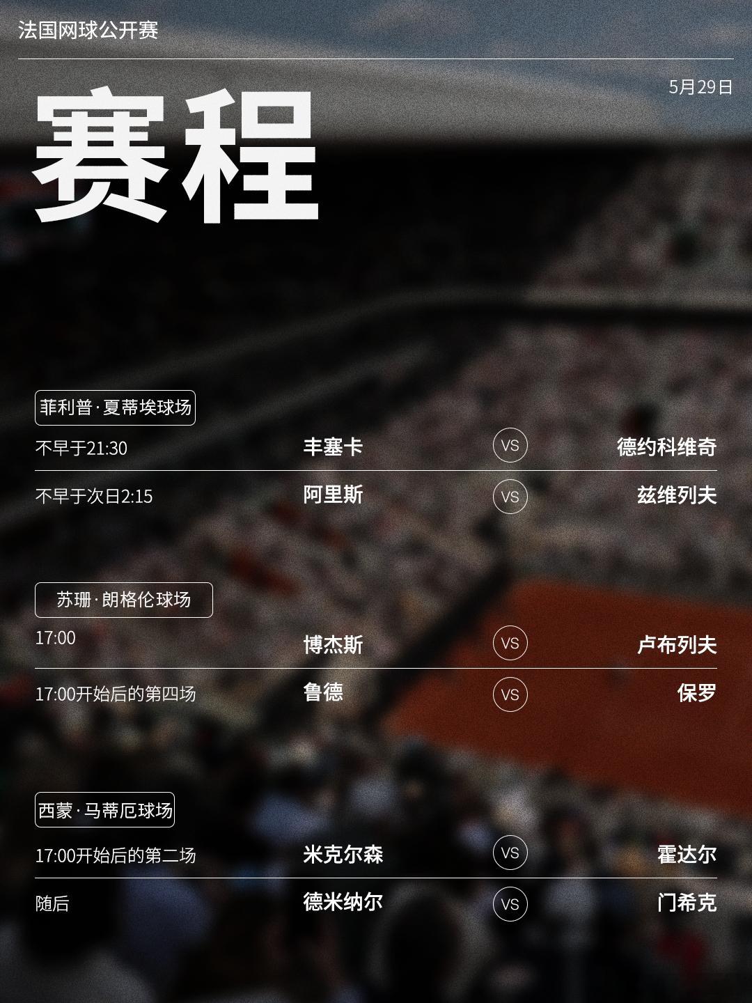 法网2026 第六比赛日赛程如下（均为北京时间）📅⏰中央球场首场男单比赛不早于