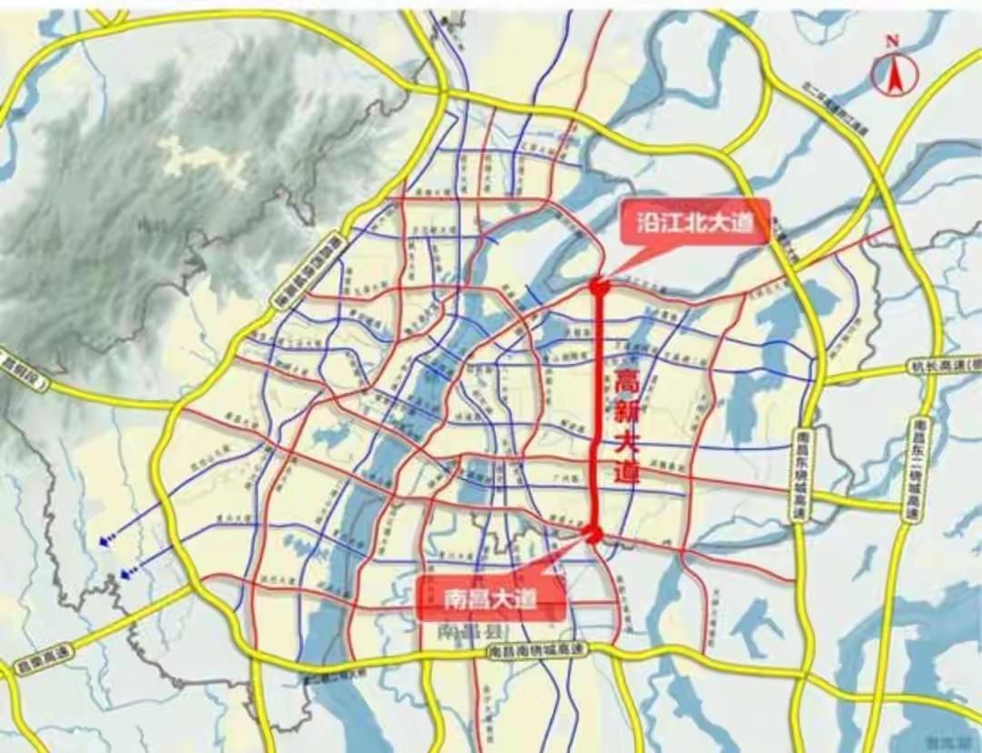 南昌高新大道快速路地理位置示意图

南昌高新大道快速路北接隆兴大桥，南连南昌大道