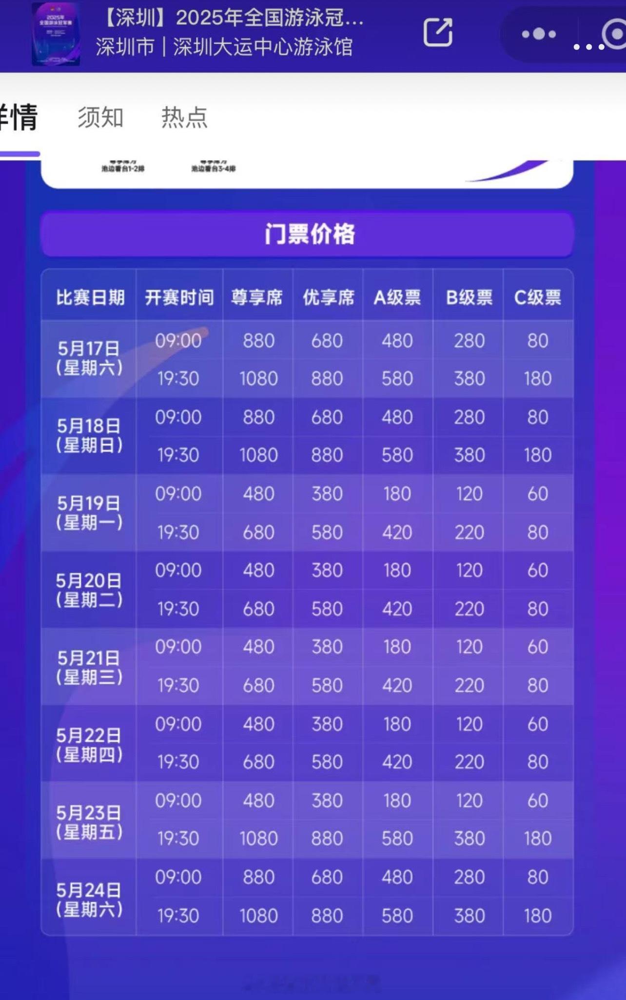 2025年全国游泳冠军赛 票价图：60-1080～算是全面覆盖，既有上车票 也有