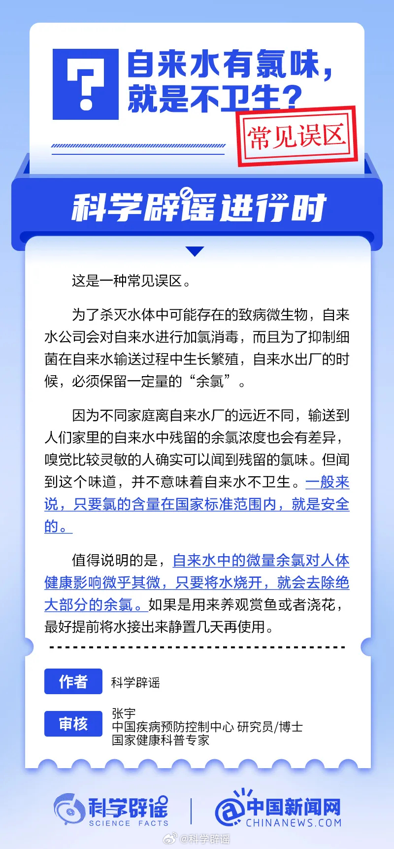科学辟谣进行时【自来水有氯味就是不卫生?这是一种常见误区】为了抑制细菌在自来水输