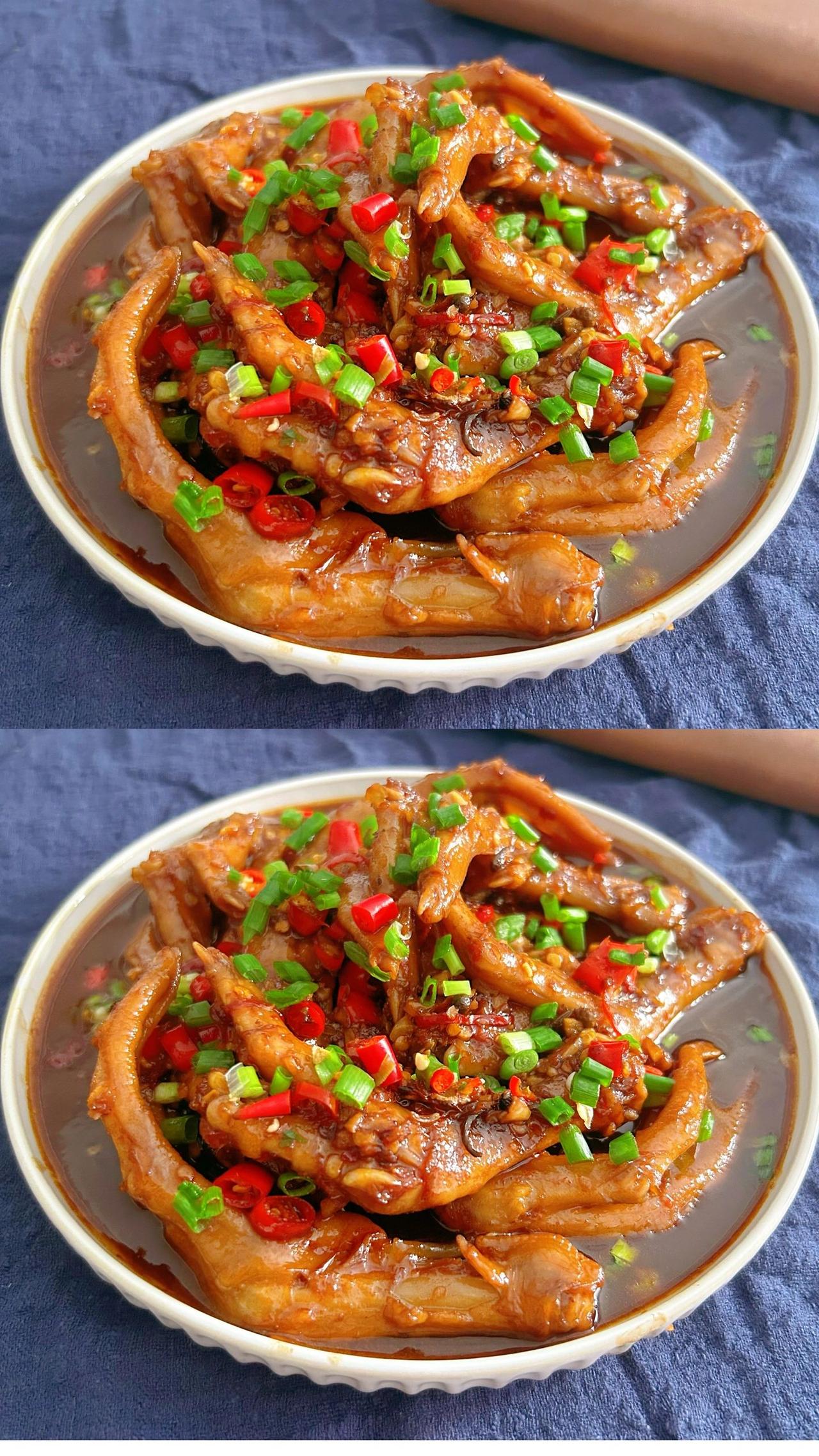 裹满酱汁的麻辣鸭爪超级下饭菜，味道绝了
材料：鸭爪 小米辣 生姜 大蒜 葱
干料