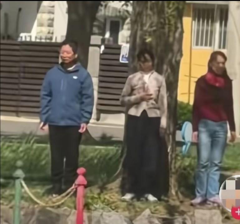 几个人站成了一列，姿势各异，同样木木的不动，看着好邪门啊不像锻炼，这种场景看着真