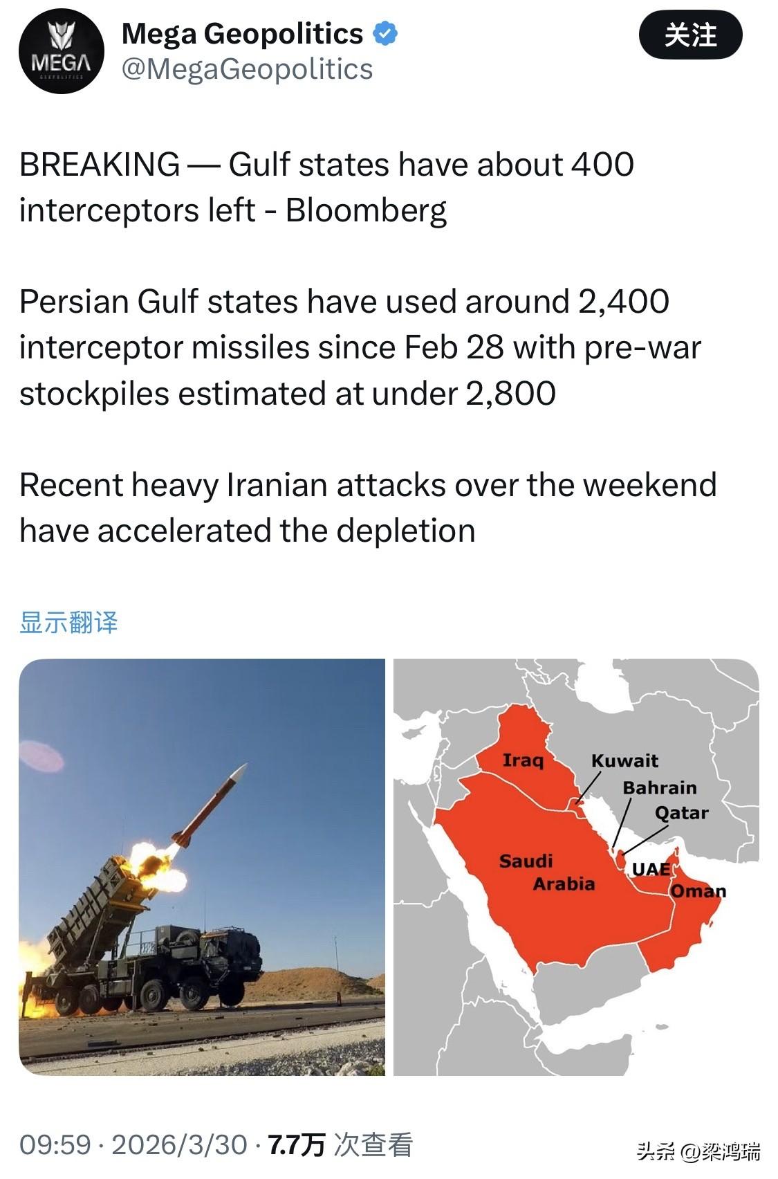 彭博社突发新闻——海湾国家仅剩约400枚拦截导弹

自2月28日以来，波斯湾国家