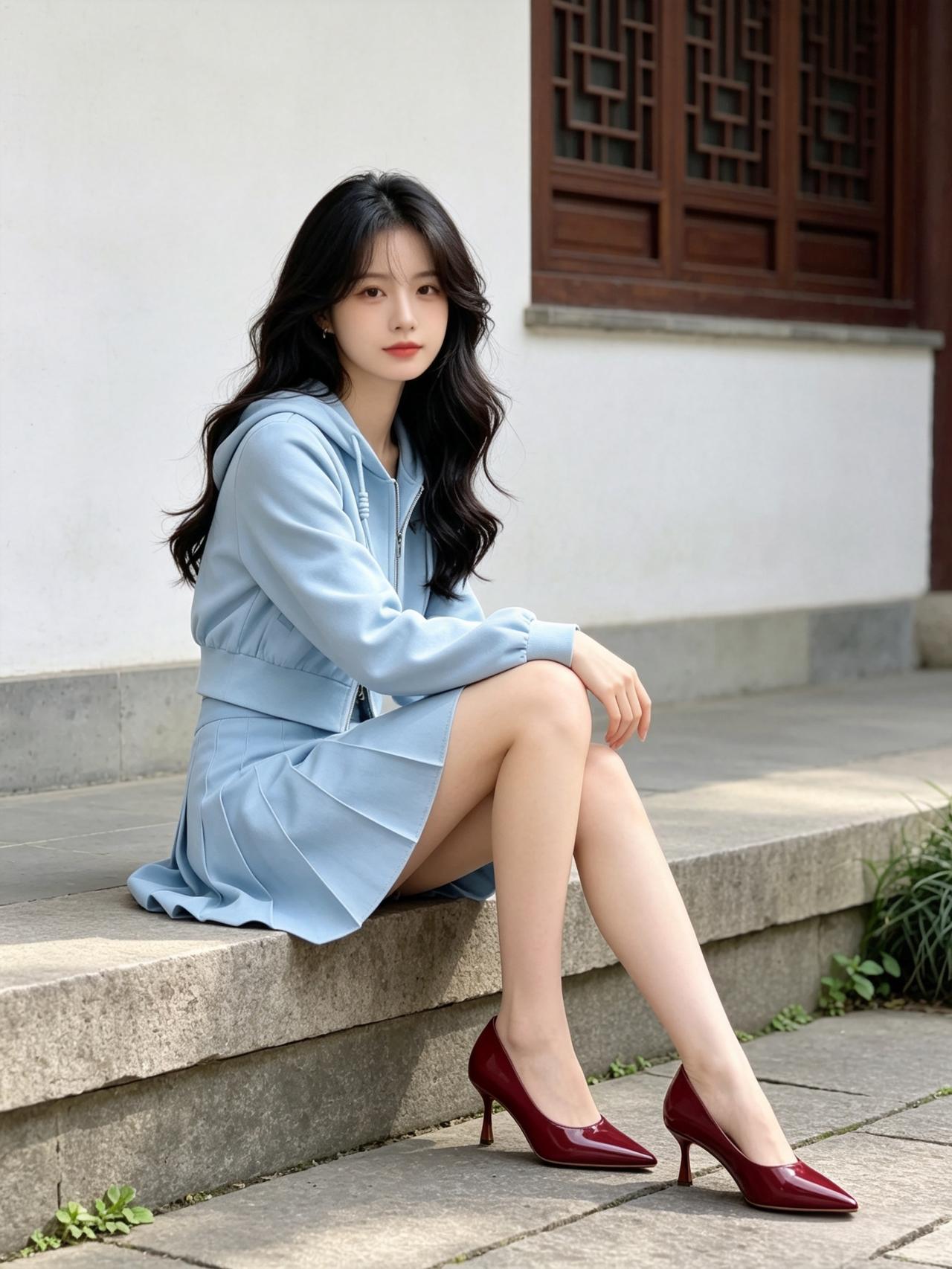 女人如何穿出含蓄的性感?浅蓝套装配红鞋，坐在台阶上太甜啦！这温柔气质，能顶得住呀