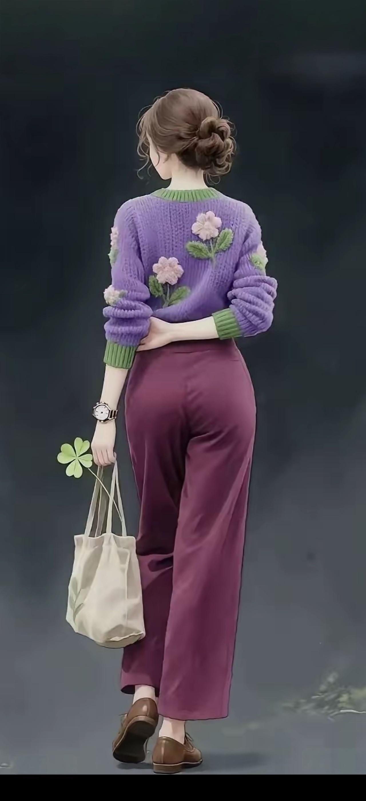 背对镜头，穿紫色毛衣和紫色裤子的女子。