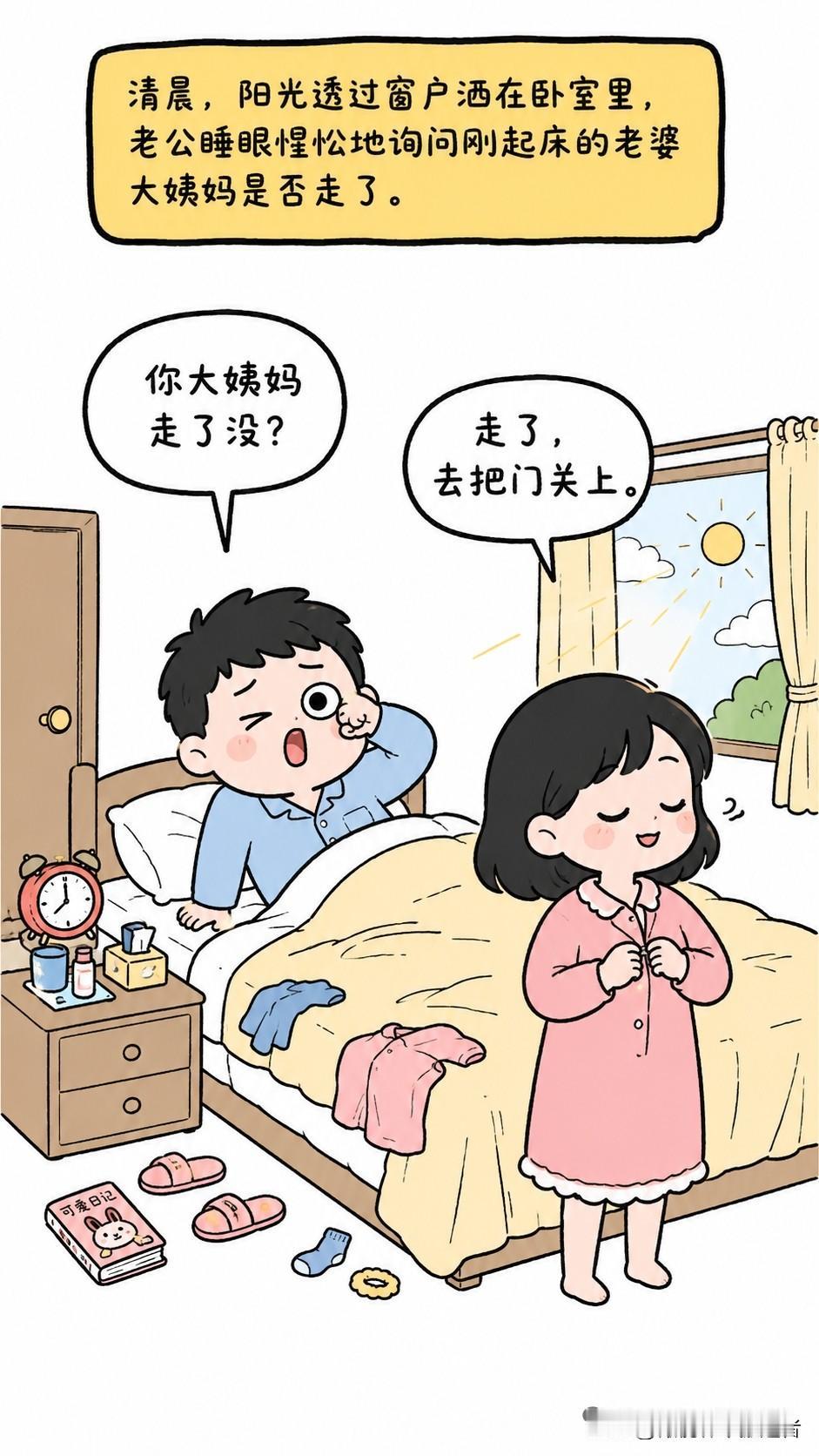 逗您笑：老公问：你大姨妈走了没。老婆：走了，去把门关上。老公：门关上了，现在呢。