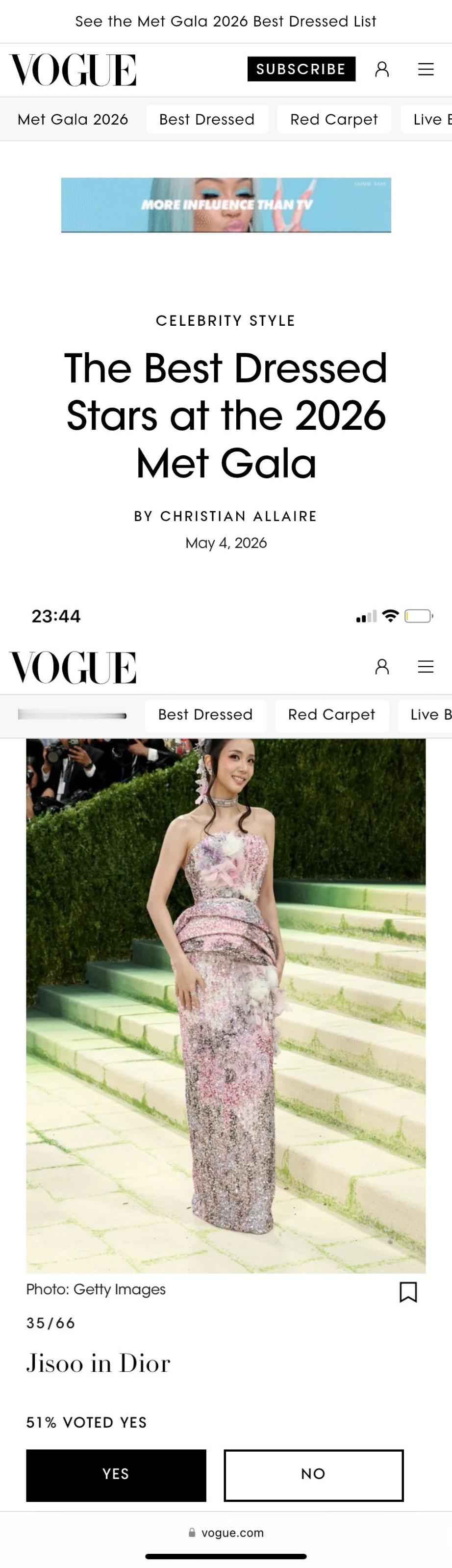 《VOGUE》 将 JISOO 评为 2026 年 Met Gala 最佳着装之
