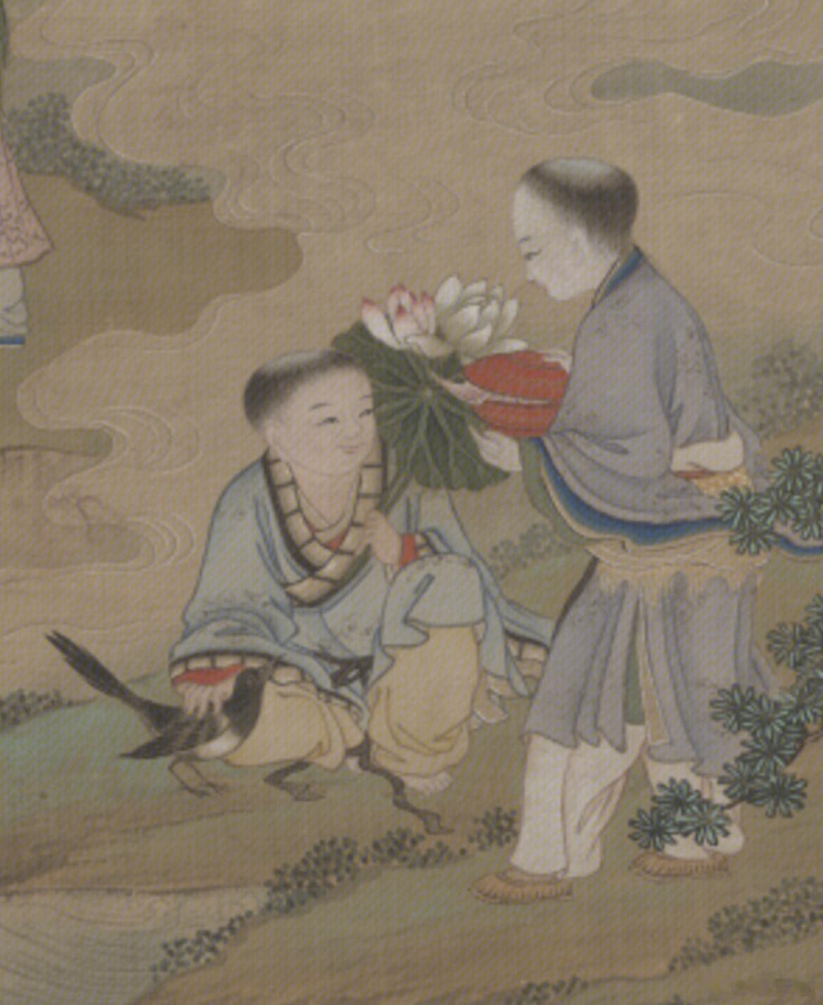 超级可爱的和合二仙一个捧着漆盒，里面还捂着蝙蝠另一个持荷花，还摸着喜鹊 ​​​