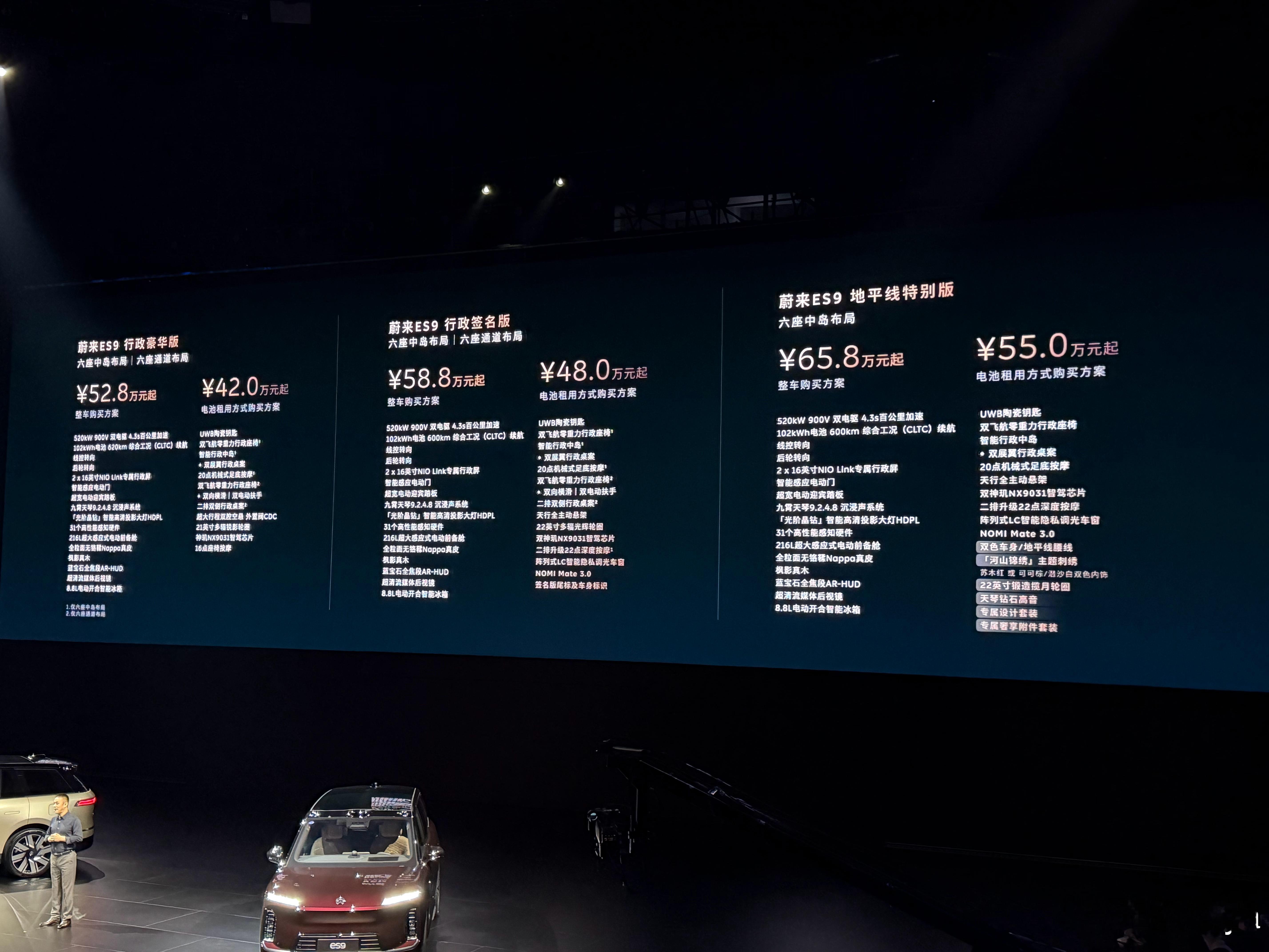 蔚来ES9预售价来了行政豪华版预售价528,000元起BaaS电池租用方案，预售