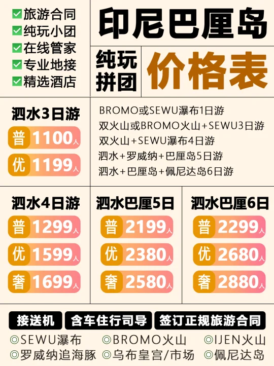 印尼纯玩❗泗水+巴厘岛+佩尼达岛拼团价格表