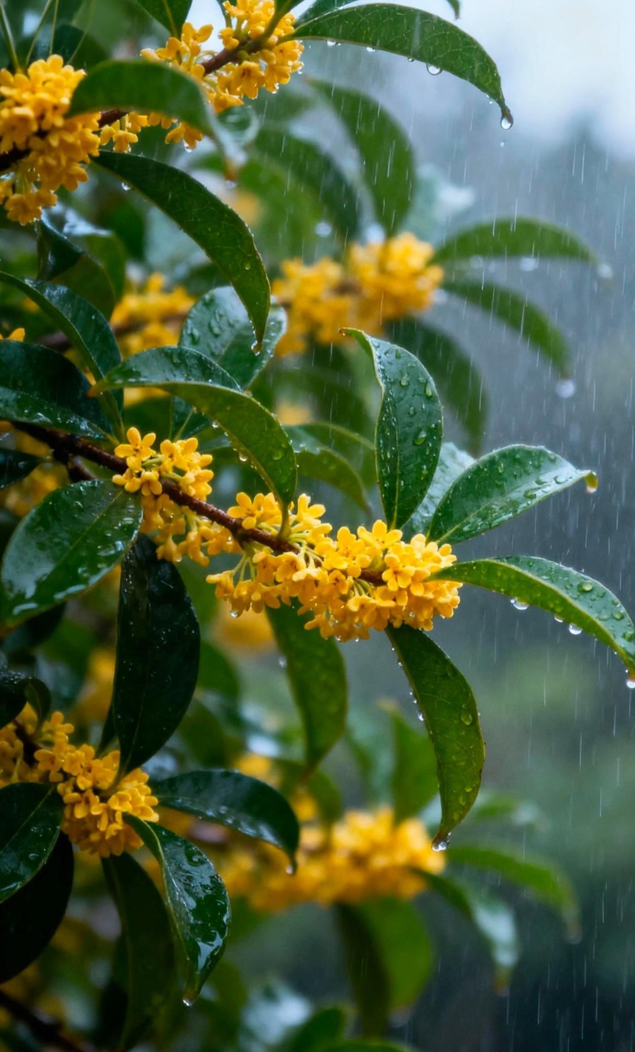 细雨打桂枝，花香漫清秋。
一场秋雨，带来满院桂香，
秋天的温柔，都藏在这花香里。