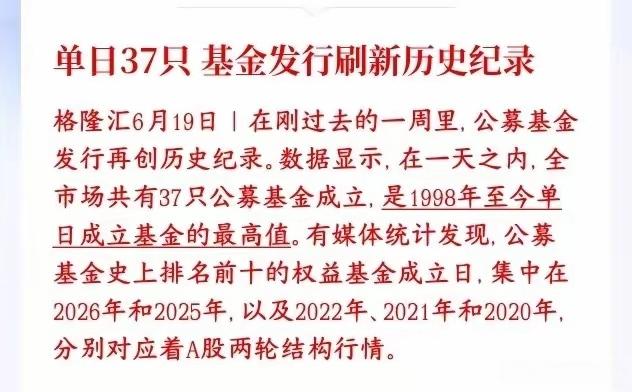 现在基金规模发行创历史新高！单日基金就发行37只，大量的基金发行将是资本市场增量