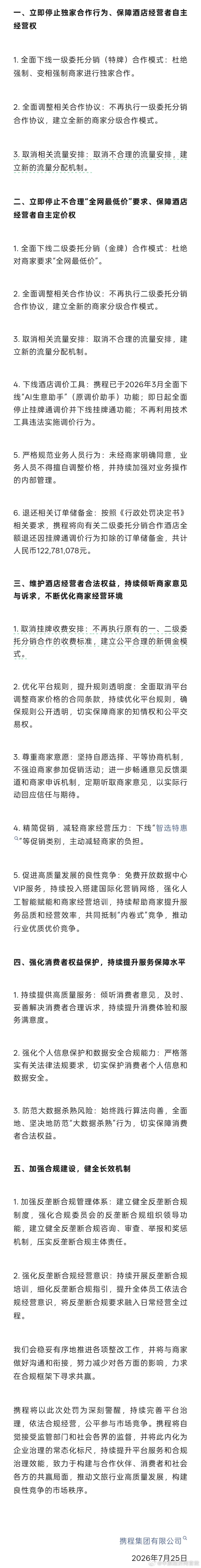 携程的整改决心有多大 【携程称已制定整改方案涵盖19项 】今日，国家市场监督管理
