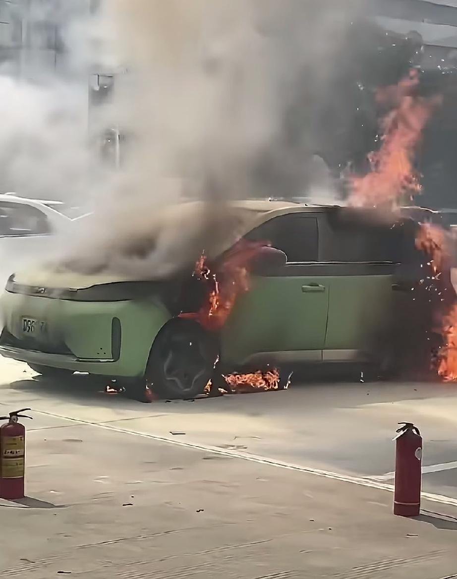 新能源汽车又又燃烧爆炸了。一辆新能源汽车燃起熊熊大火并发生爆炸。数名男子赶忙手持