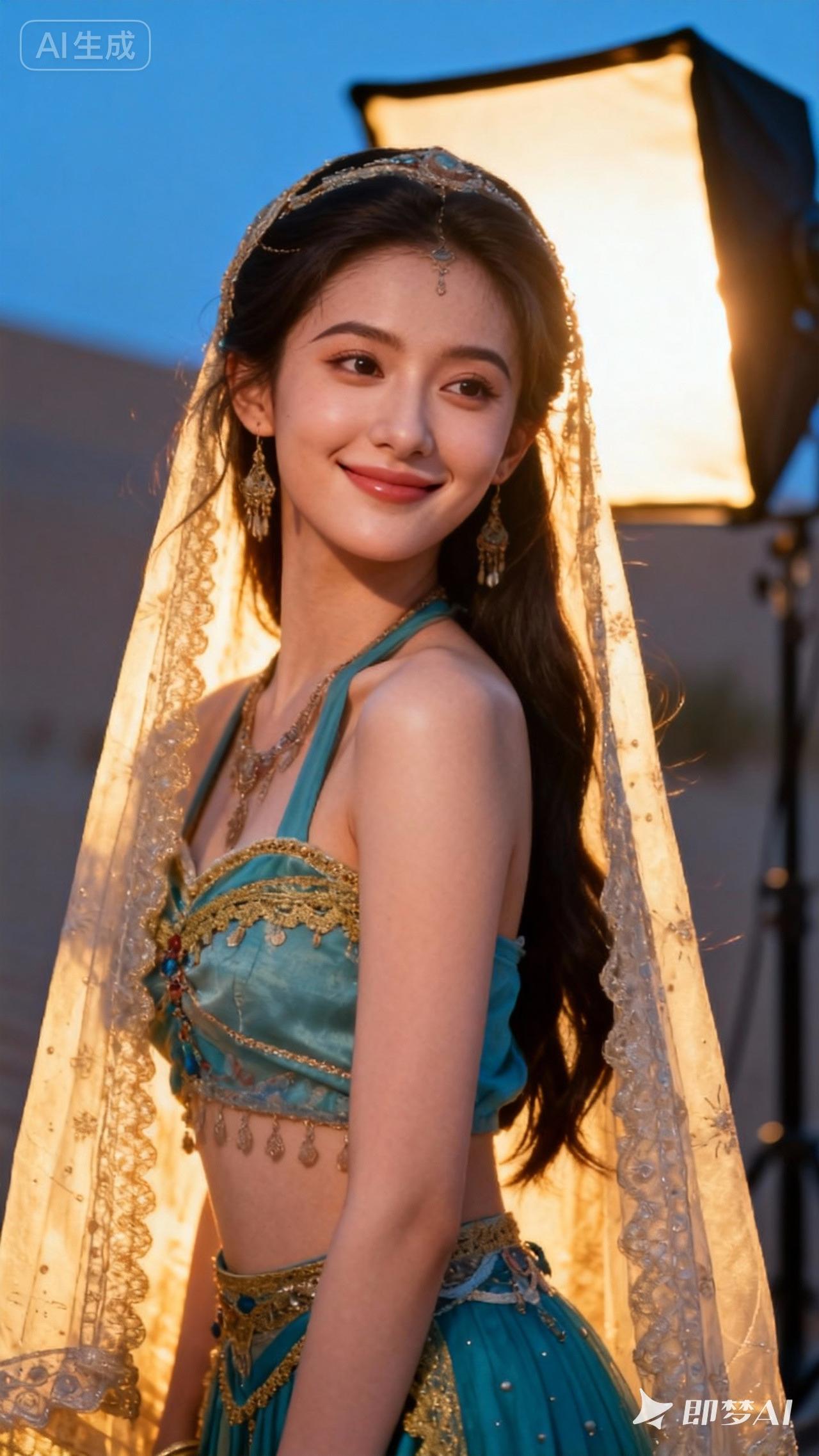 想象一下，一位异域风情少女，身着金纱在梦幻沙漠中轻舞，那画面简直美炸了。就像鞠婧